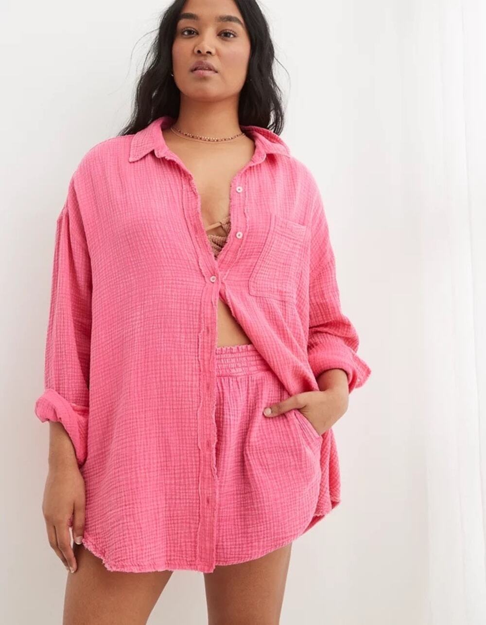 Lounge Aerie Gauzy Faded Pink Preppy Matching Set High Waist Shorts Cover-Up Top